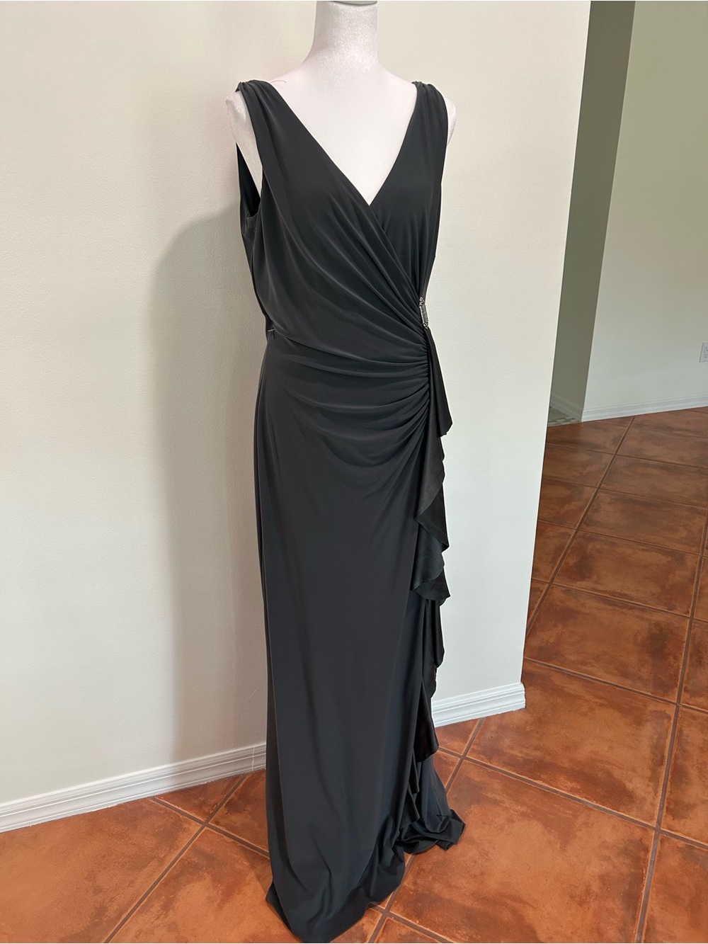 Ralph Lauren Dark Gray Sleeveless Surplice Gown with Side Ruffle